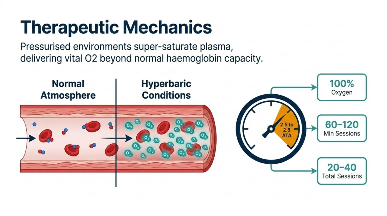 Diagram showing how hyperbaric oxygen therapy raises the oxygen carried in the blood, with typical session and course length