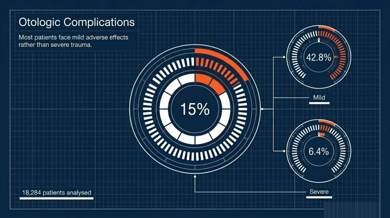 Donut chart showing 15 percent of 18,284 hyperbaric oxygen therapy patients had otologic complications, of which 42.8 percent of barotrauma cases were mild and 6.4 percent severe