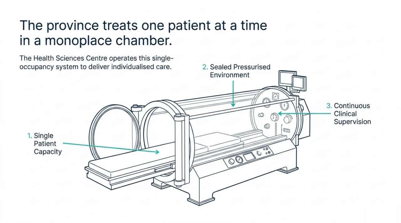 The Health Sciences Centre in St. John's uses a single-patient monoplace chamber with a sealed pressurised environment and continuous clinical supervision.