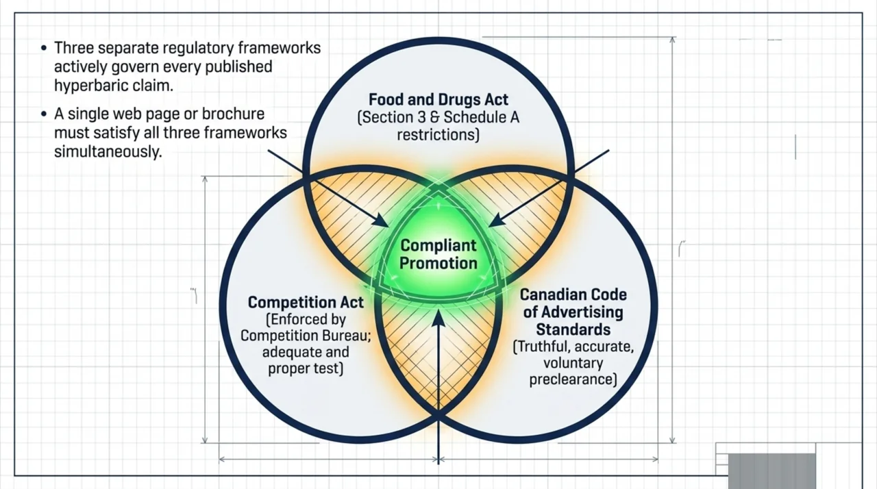 Venn diagram of the three Canadian frameworks that govern HBOT advertising: the Food and Drugs Act, the Competition Act, and the Canadian Code of Advertising Standards, overlapping at compliant promotion