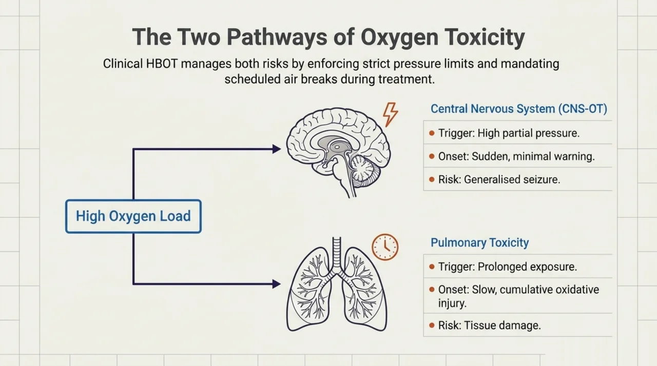 Diagram of the two forms of oxygen toxicity in HBOT: central nervous system toxicity affecting the brain and pulmonary toxicity affecting the lungs