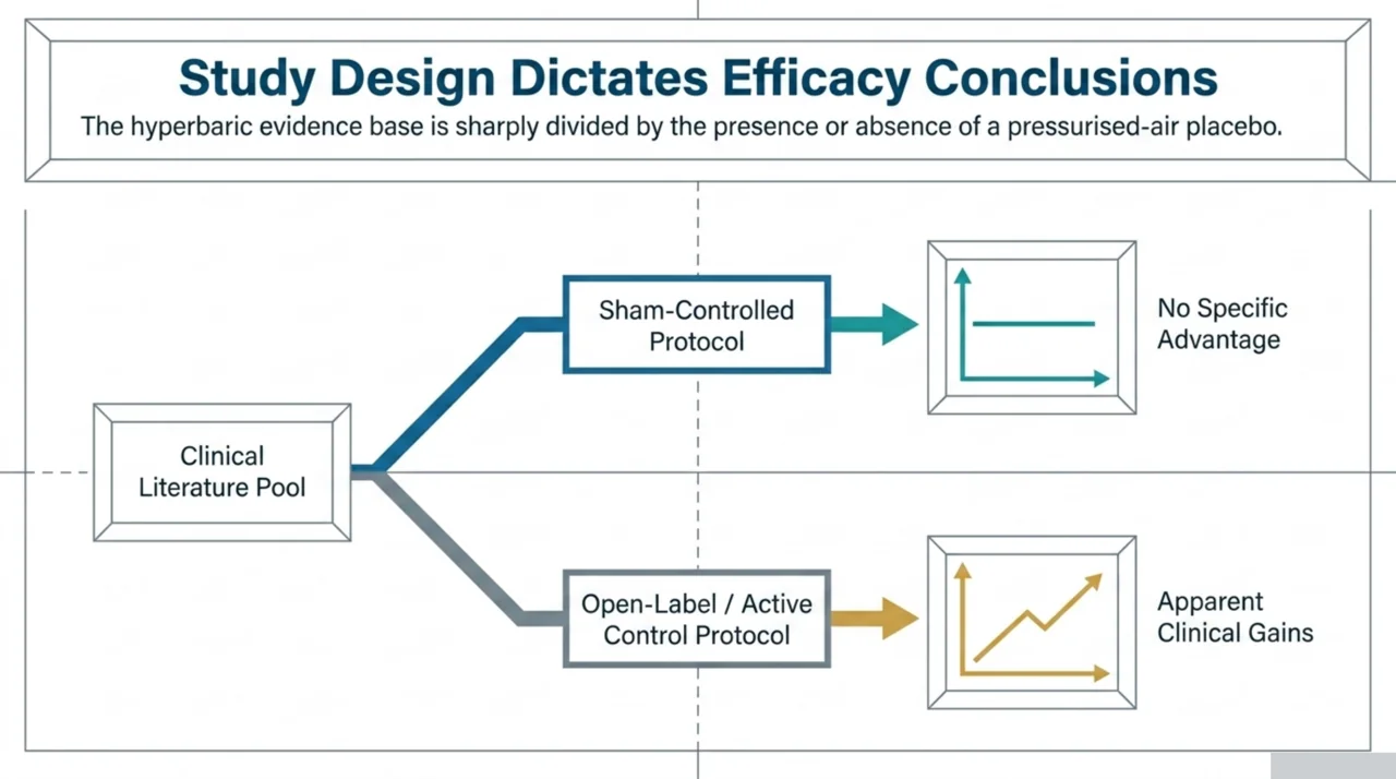 Diagram showing study design dictates the conclusion: sham-controlled protocols find no specific advantage while open-label designs report apparent gains.