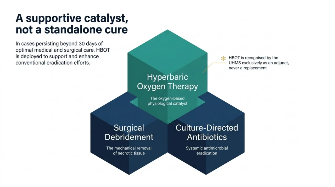 Diagram showing hyperbaric oxygen therapy as a supportive adjunct alongside surgical debridement and culture-directed antibiotics, recognised by the UHMS as an adjunct and never a replacement