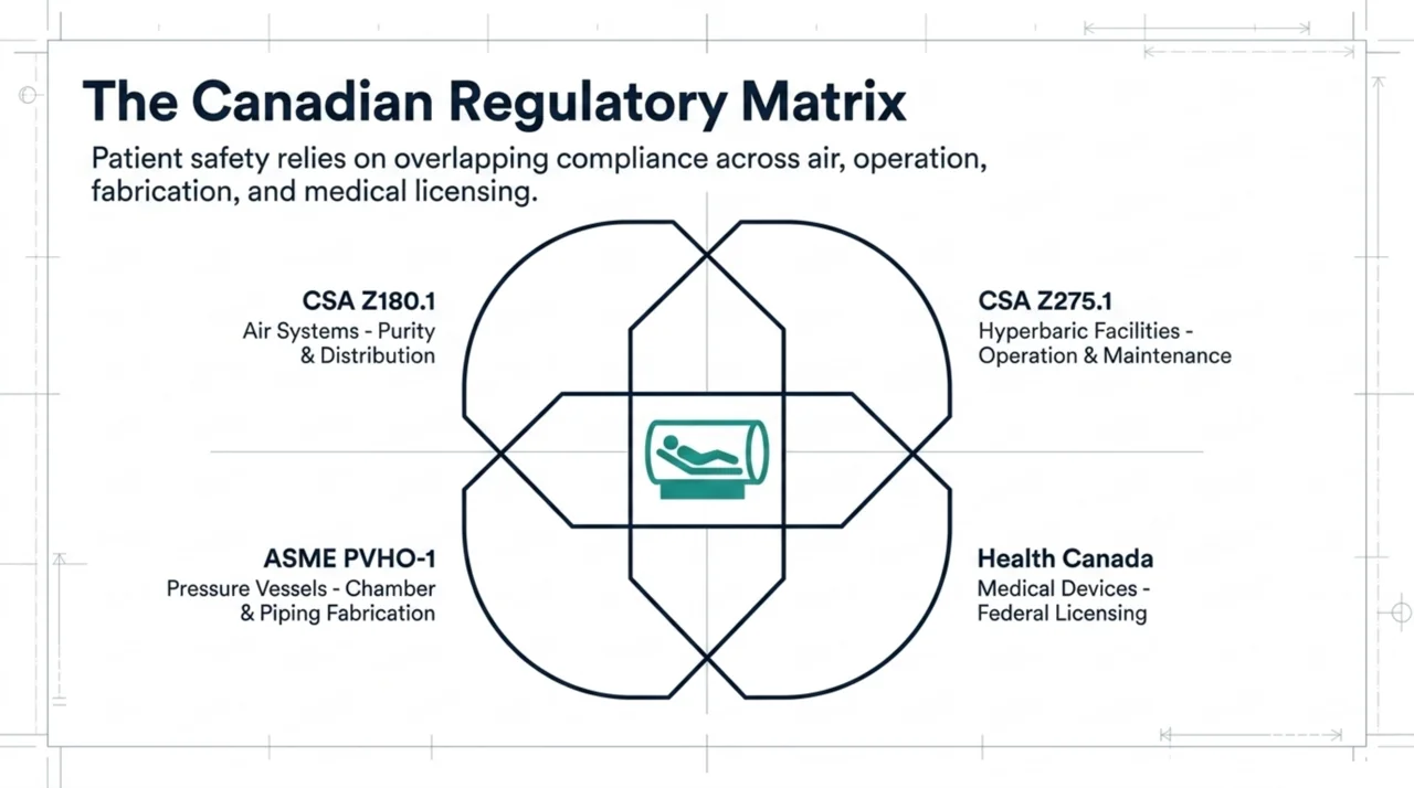 Diagram of the Canadian regulatory framework for hyperbaric breathing air: CSA Z180.1, CSA Z275.1, ASME PVHO-1, and Health Canada medical device licensing.