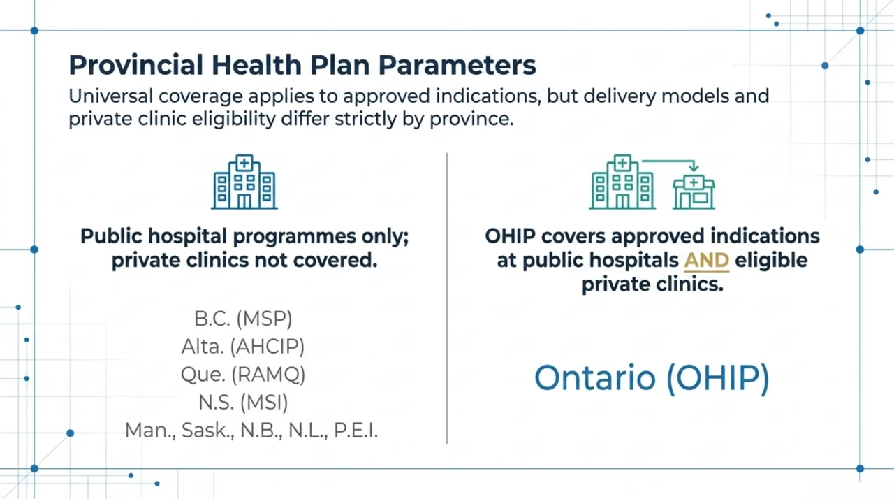 Comparison of provincial public coverage for hyperbaric oxygen therapy, with most provinces covering hospital programmes only and Ontario also covering eligible private clinics under OHIP
