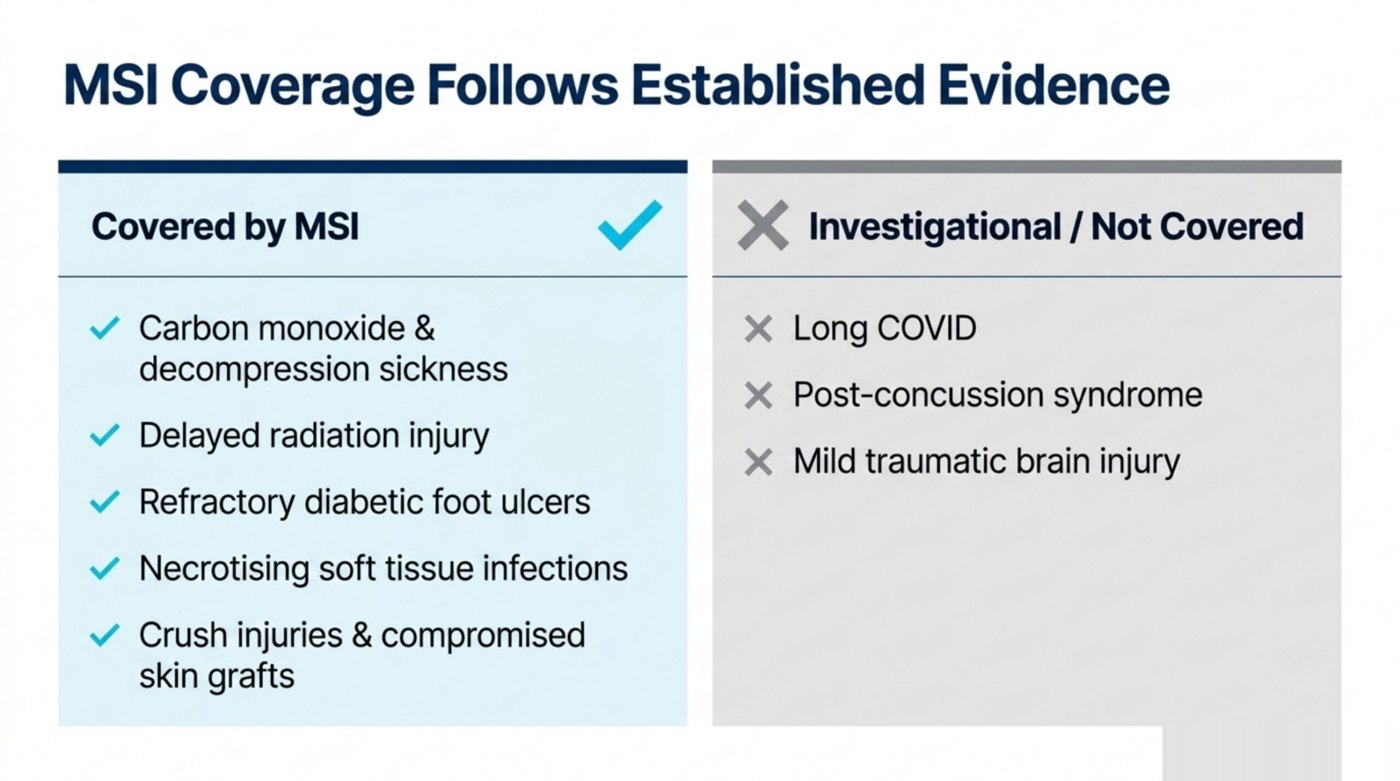 Conditions Nova Scotia MSI covers for HBOT versus investigational uses that are not covered such as long COVID, post-concussion syndrome and mild traumatic brain injury