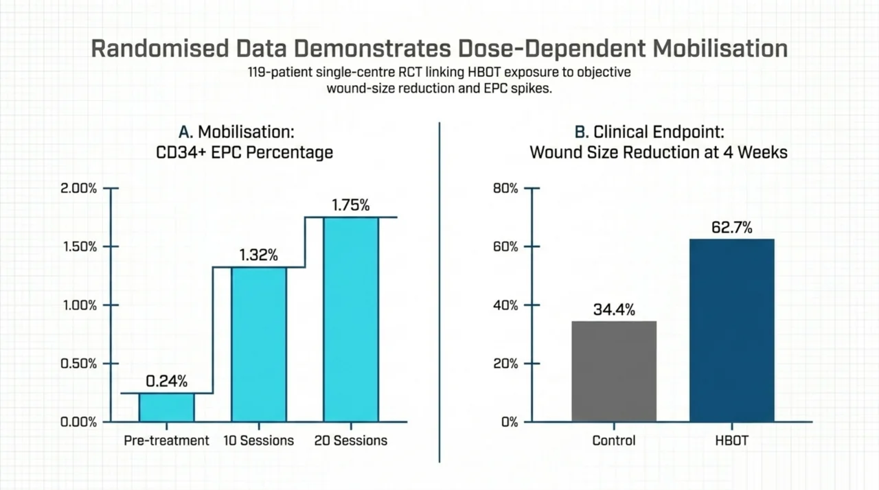Bar charts showing CD34 plus EPC percentage rising across 10 and 20 HBOT sessions alongside wound size reduction in the Ma 2011 single-centre randomised trial