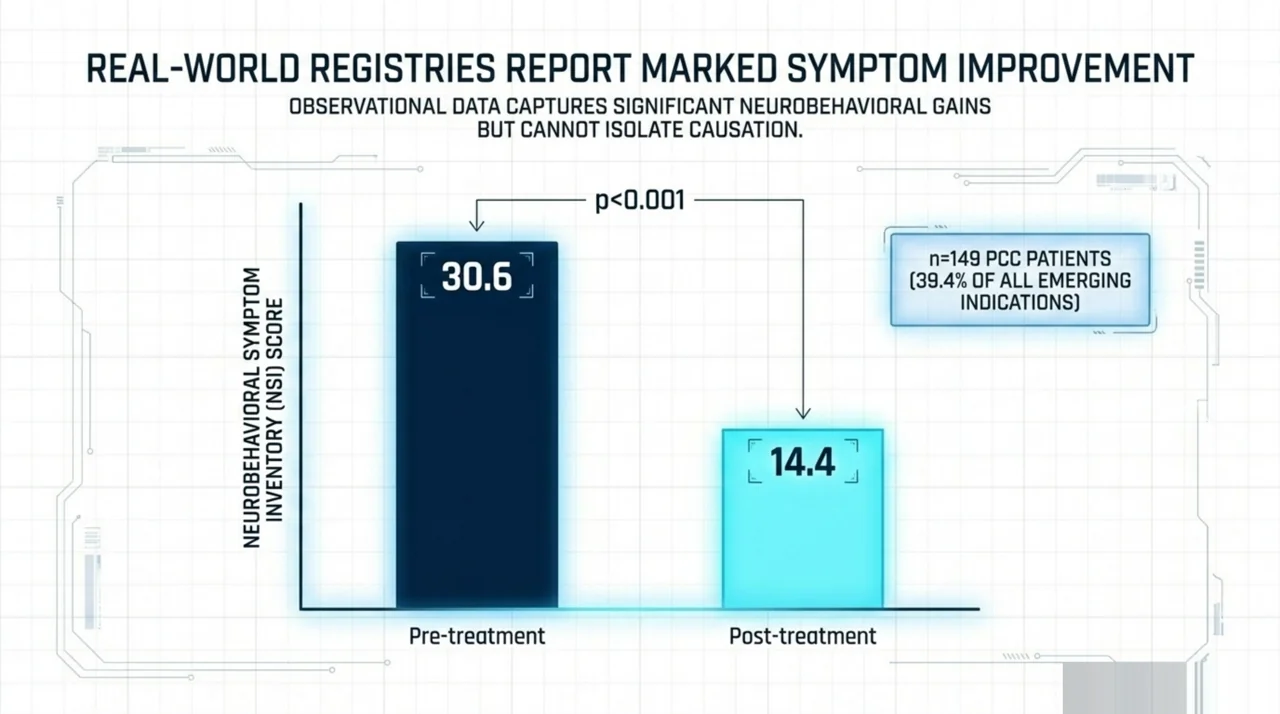 Bar chart of international registry data showing mean Neurobehavioral Symptom Inventory scores dropping from 30.6 pre-treatment to 14.4 post-treatment in 149 long COVID patients