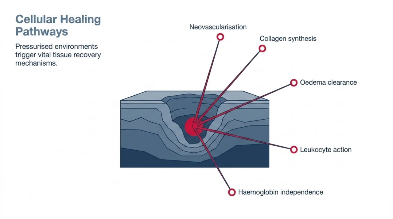 Wound cross-section labelling HBOT healing mechanisms: neovascularisation, collagen synthesis, oedema clearance, leukocyte action and haemoglobin-independent oxygen delivery