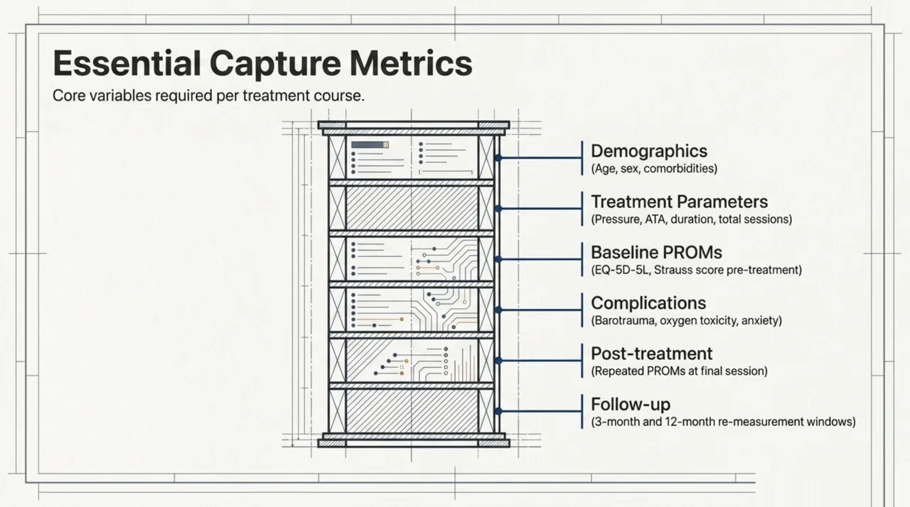 Column infographic of the six essential per-patient capture variables: demographics, treatment parameters, baseline PROMs, complications, post-treatment measure, and 3-month and 12-month follow-up