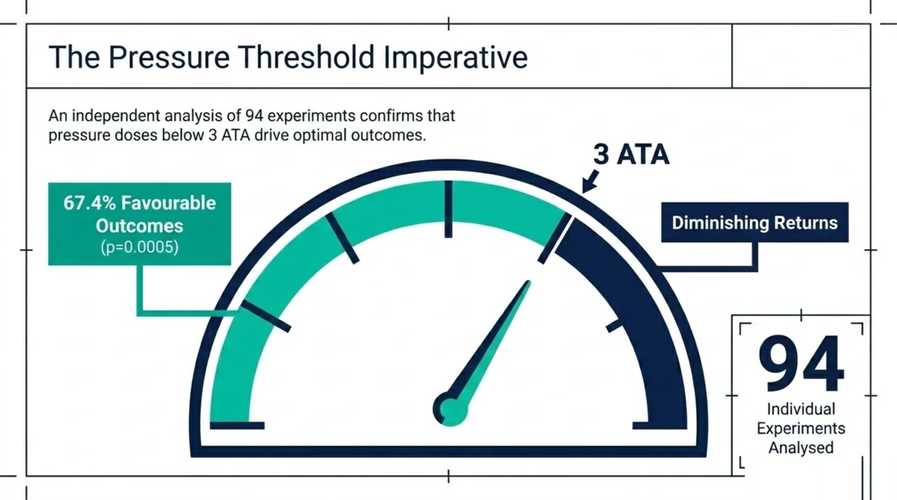 Gauge showing that across 94 experiments, hyperbaric pressures below 3 ATA were associated with better burn outcomes (p=0.0005).