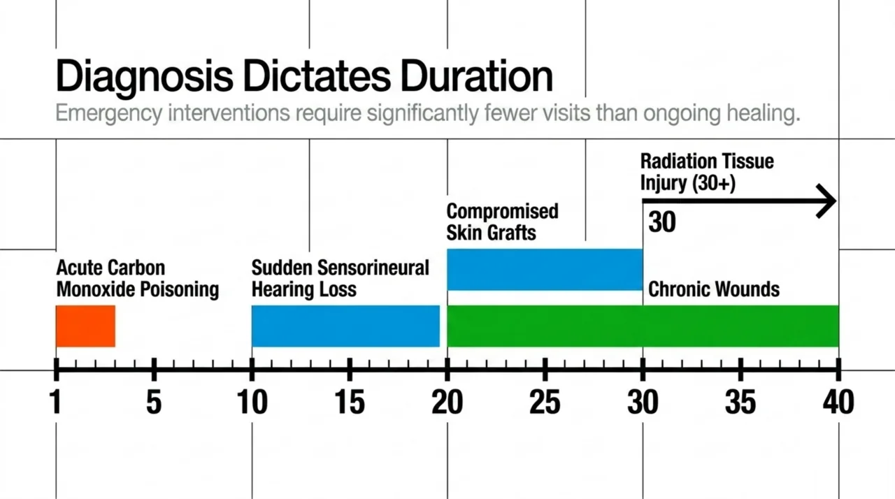 Bar chart of typical HBOT course lengths by condition, from 1 to 3 sessions for carbon monoxide poisoning up to 20 to 40 sessions for chronic wounds.