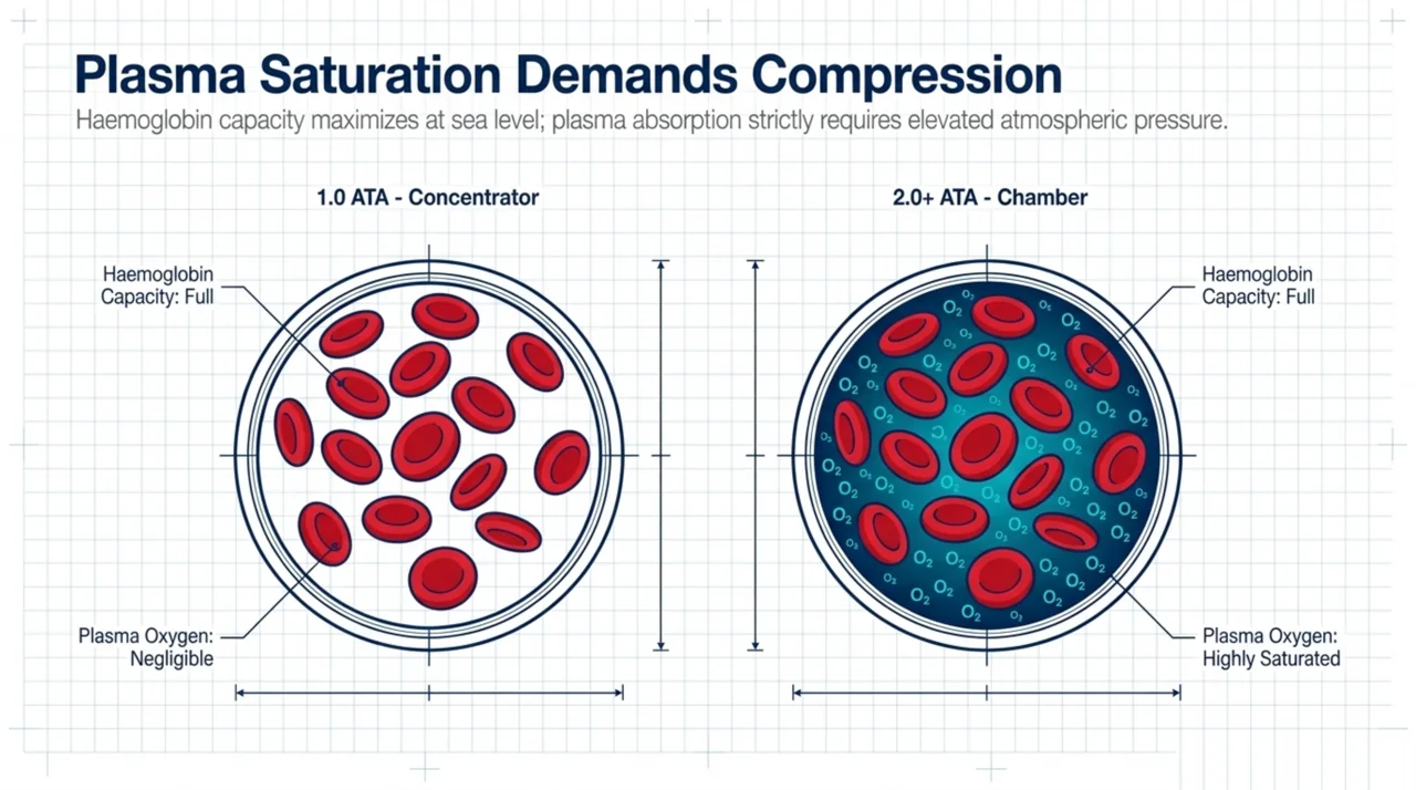 Diagram showing oxygen dissolved in blood plasma is negligible at room pressure but highly saturated under hyperbaric compression