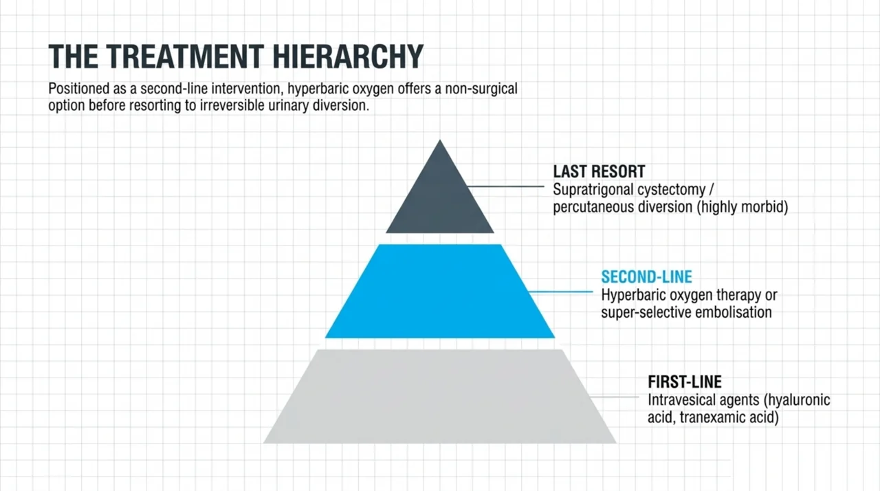 Treatment hierarchy for radiation cystitis: first-line intravesical agents, second-line hyperbaric oxygen therapy or super-selective embolisation, with cystectomy or urinary diversion reserved as a last resort.