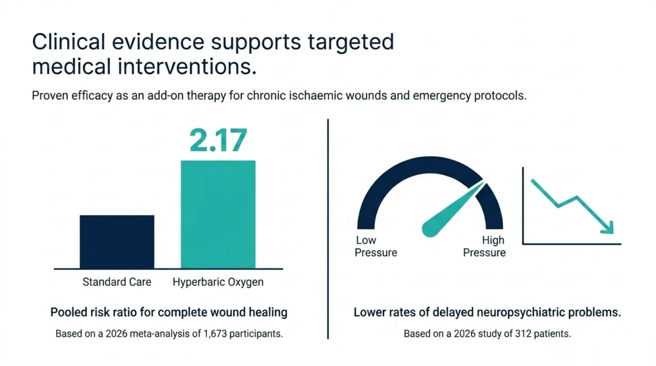 Evidence summary: a 2026 network meta-analysis of 27 randomised trials (1,673 participants) reported a pooled risk ratio of 2.17 for complete wound healing, and a 2026 study of 312 carbon monoxide patients linked higher-pressure treatment to fewer delayed neuropsychiatric problems.