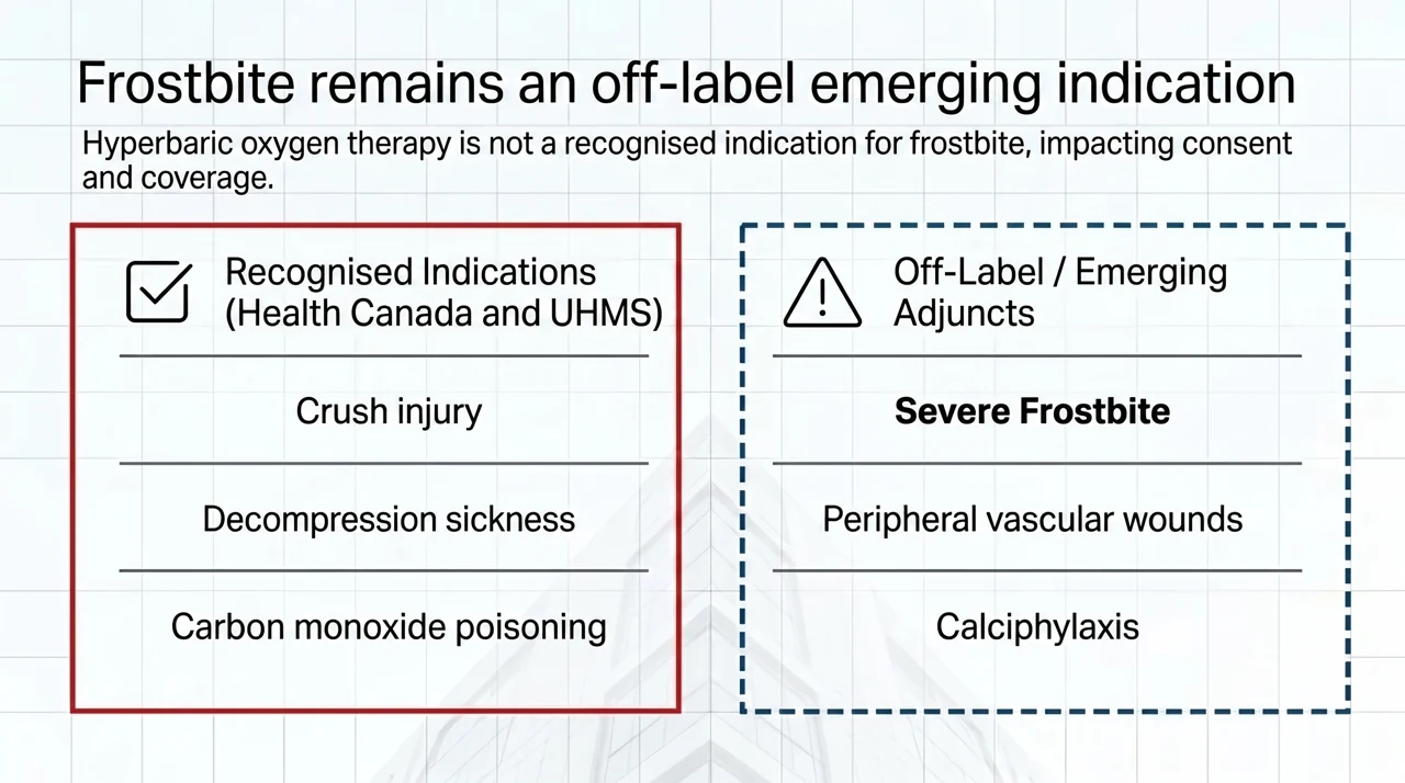Frostbite is an off-label, emerging adjunct for hyperbaric oxygen therapy, not a Health Canada-recognised or UHMS-recognised indication; recognised indications include crush injury, decompression sickness, and carbon monoxide poisoning. Off-label status affects consent and coverage.