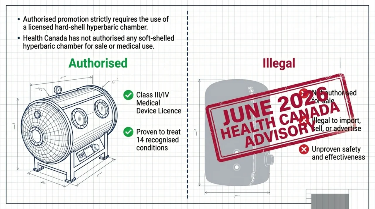 Comparison of an authorised licensed hard-shell hyperbaric chamber against an unauthorised soft-shelled chamber flagged by the June 2026 Health Canada advisory as illegal to sell or advertise