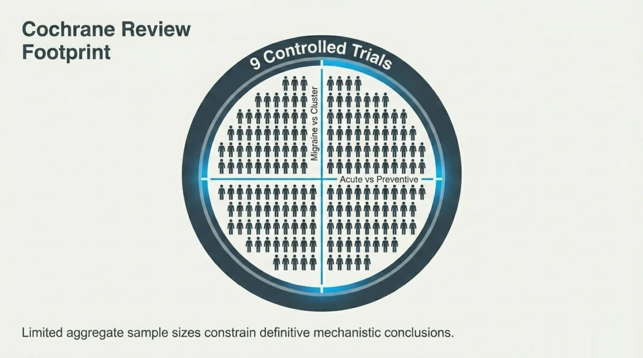 Illustration of the Cochrane review base of nine small controlled trials of oxygen therapy for migraine and cluster headache, noting limited aggregate sample sizes.