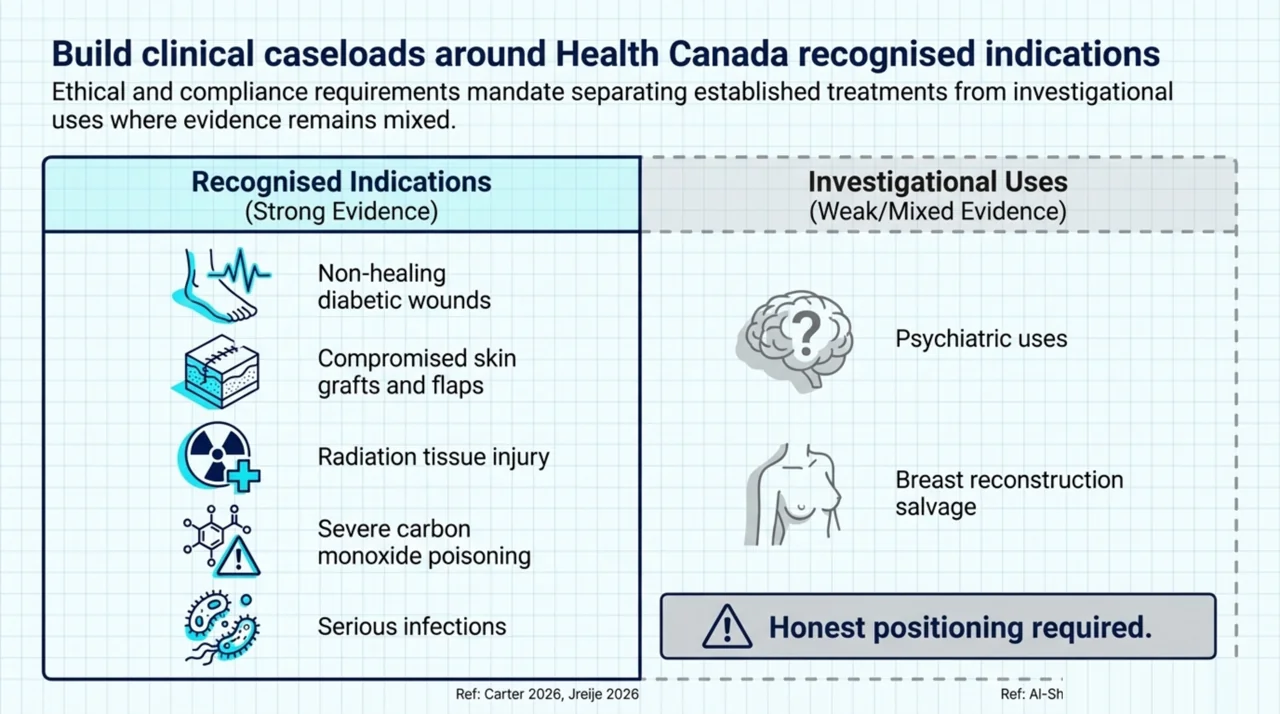Two-column comparison of Health Canada recognised indications with strong evidence (non-healing diabetic wounds, compromised grafts and flaps, radiation injury, severe carbon monoxide poisoning, serious infections) versus investigational uses with weaker evidence (psychiatric uses, breast reconstruction salvage), noting that honest positioning is required.