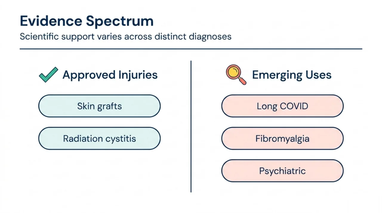 Chart contrasting approved HBOT uses such as skin grafts and radiation cystitis with emerging uses such as long COVID, fibromyalgia and psychiatric symptoms