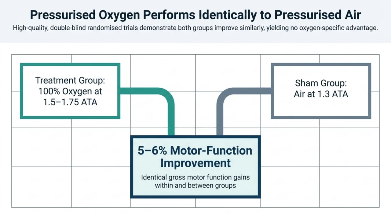 Comparison showing the treatment group on 100% oxygen at 1.75 ATA and the sham group on air at 1.3 ATA both improved motor function by roughly 5 to 6%, with no difference between them.
