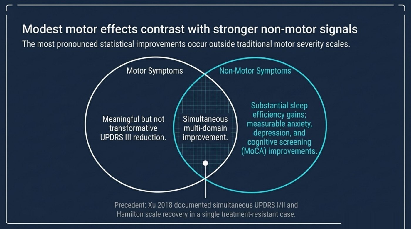 Venn diagram contrasting modest motor effects with stronger non-motor symptom improvements in HBOT for Parkinson's disease