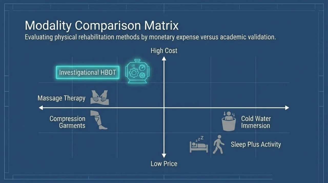 Modality comparison matrix showing investigational HBOT as higher cost and lower academic validation than cold water immersion, compression and sleep