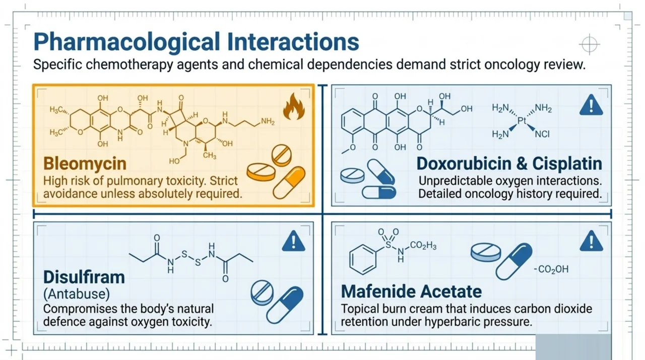 Medications that interact with HBOT: bleomycin, doxorubicin and cisplatin, disulfiram, and mafenide acetate, each requiring oncology or specialist review