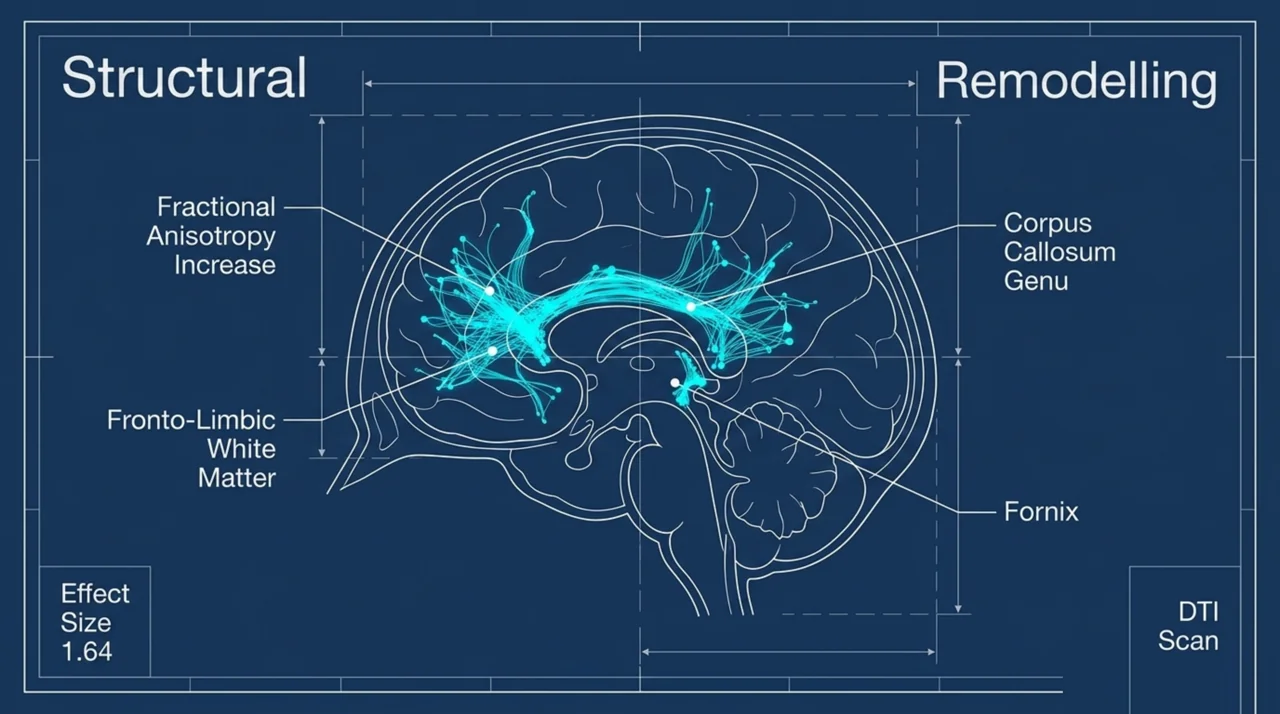 Diffusion tensor imaging diagram showing increased fractional anisotropy in fronto-limbic white matter, the genu of the corpus callosum and the fornix, with a large effect size of 1.64