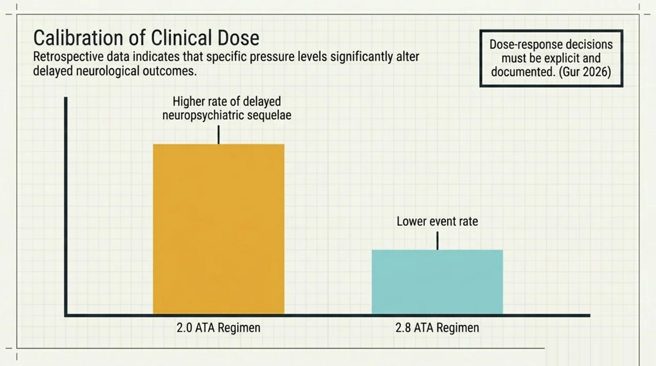 Bar chart comparing delayed neuropsychiatric sequelae rates between 2.0 ATA and 2.8 ATA carbon monoxide regimens