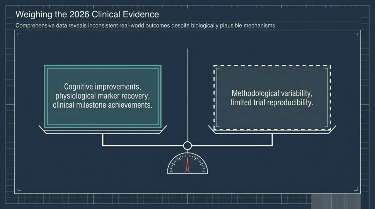 Balance-scale visual weighing reported cognitive and physiological improvements against methodological variability and limited reproducibility in 2026 HBOT for TBI evidence