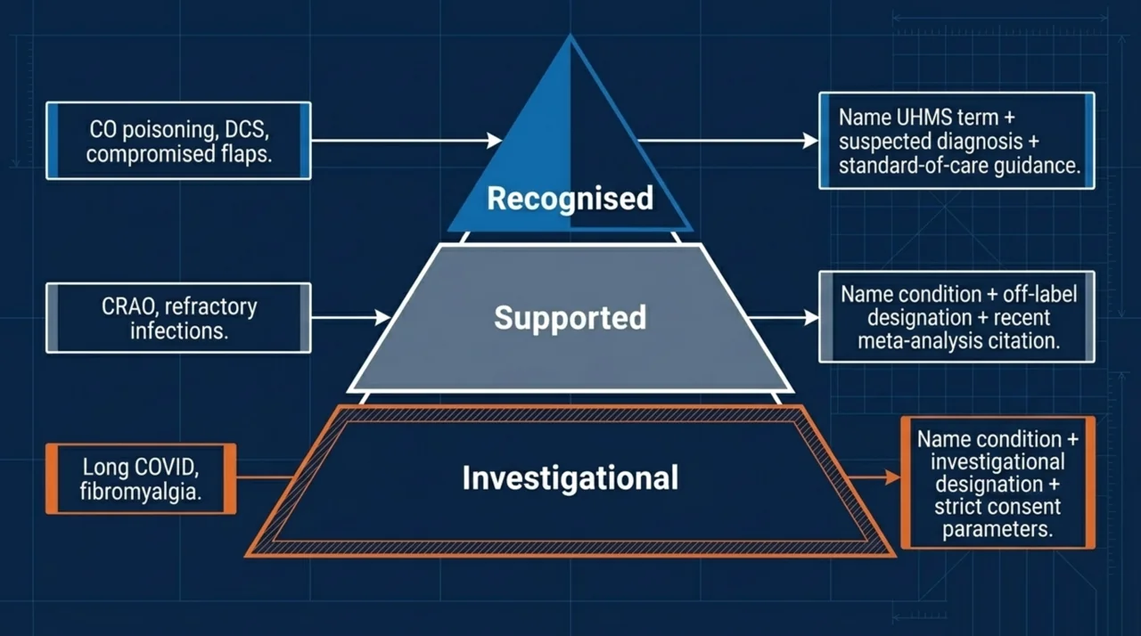 Indication tier pyramid grouping HBOT referrals into recognised, supported, and investigational categories.