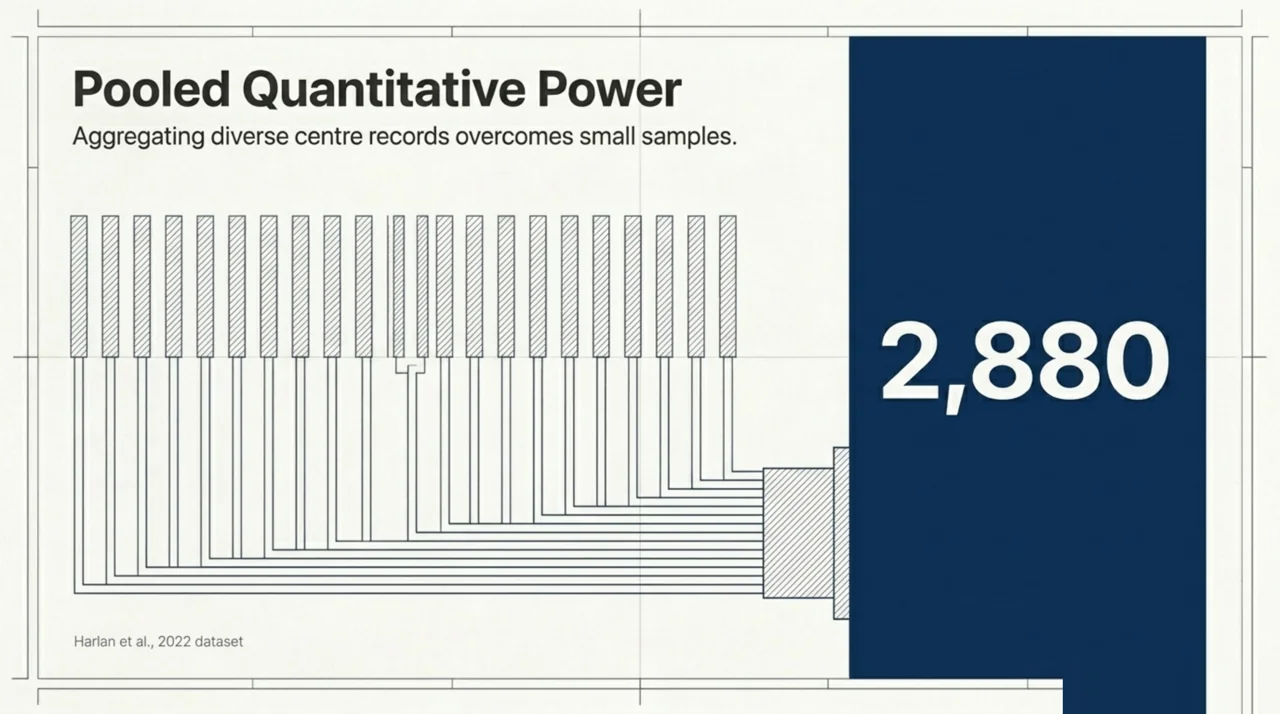 Stylised bar chart highlighting 2,880 patients across 22 centres in the UHMS Multicenter Registry interim report by Harlan and colleagues 2022