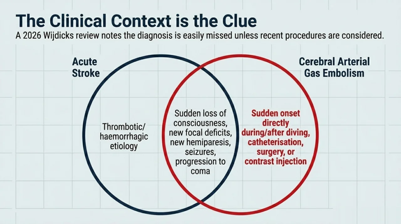 Venn diagram contrasting acute stroke with cerebral arterial gas embolism, showing that sudden neurological collapse during or after diving, catheterisation, surgery, or contrast injection points to embolism.