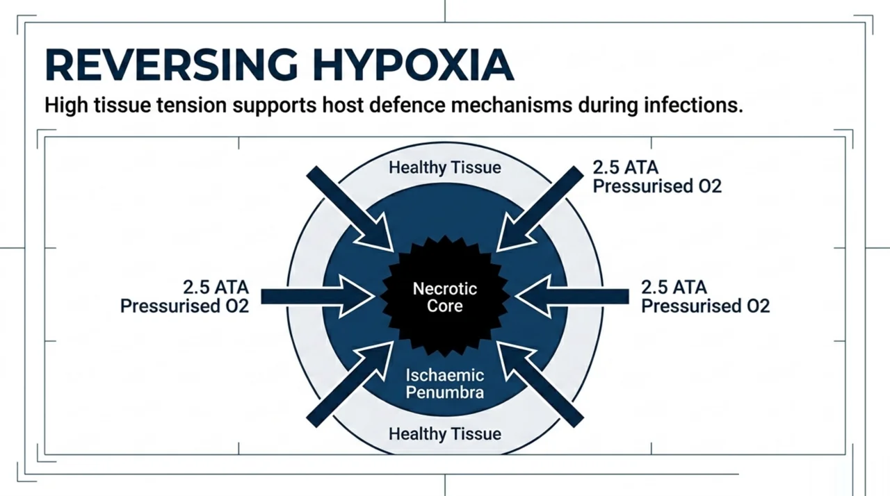 Diagram of hyperbaric oxygen at 2.5 ATA driving pressurised oxygen into the necrotic core and ischaemic penumbra to support host defence during necrotizing infection.