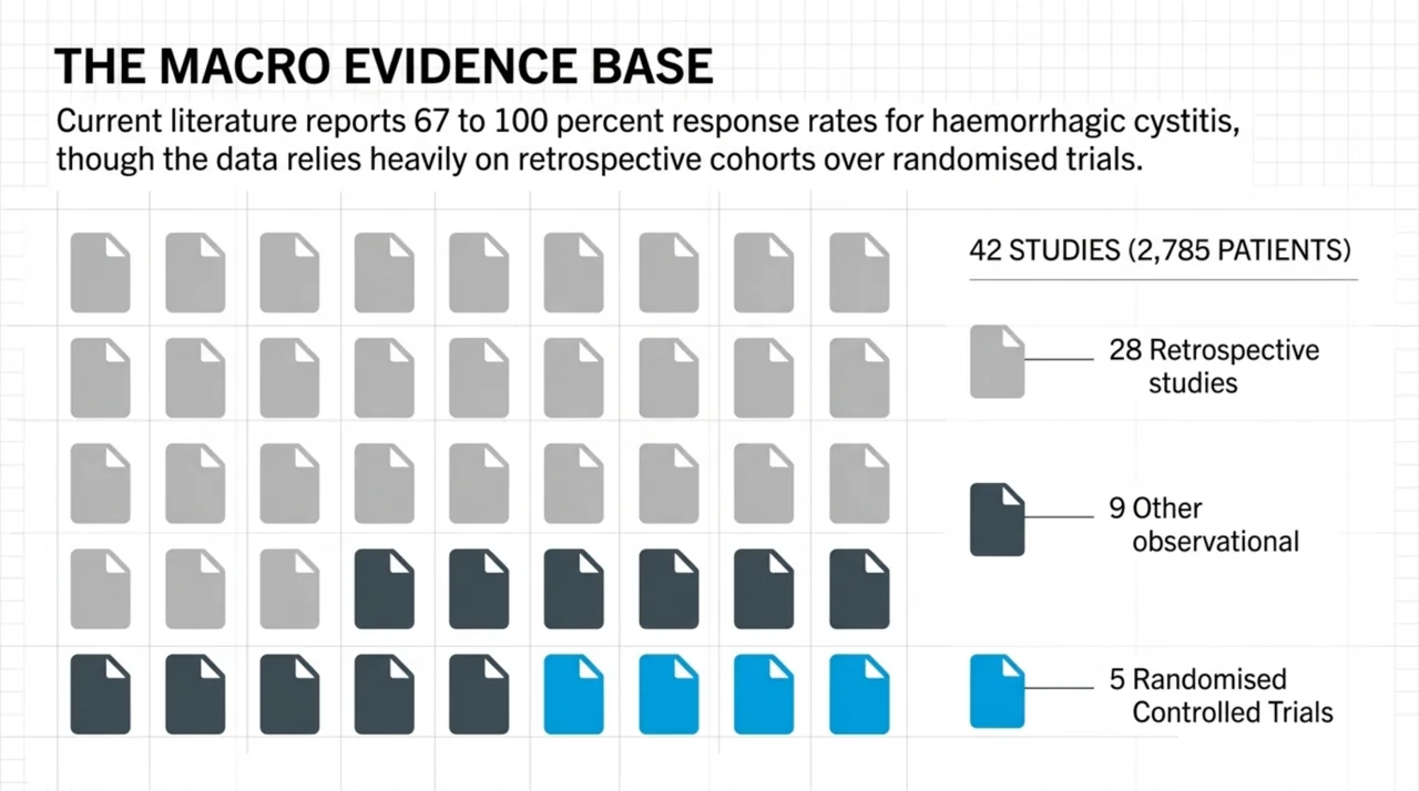 Evidence-base overview: a systematic review of 42 studies covering 2,785 patients (28 retrospective, 5 randomised controlled trials), reporting 67 to 100 percent response rates for haemorrhagic cystitis.