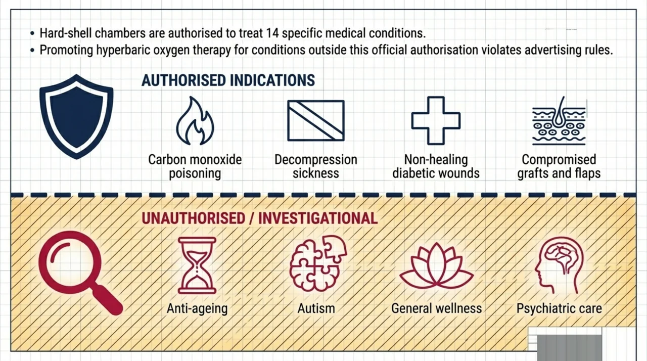 Infographic contrasting authorised hyperbaric indications such as carbon monoxide poisoning and non-healing diabetic wounds with unauthorised or investigational uses like anti-ageing and general wellness