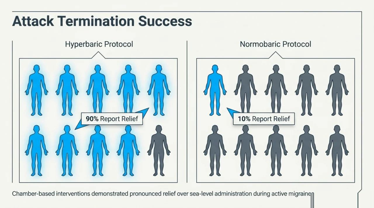 Pictograph showing nine of ten patients reporting relief with hyperbaric oxygen versus one of ten with normobaric oxygen during acute migraine in an early randomised comparison.