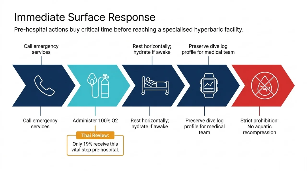 Process flow of first aid for the bends: call emergency services, give 100 percent oxygen, rest and hydrate, preserve the dive log, and never attempt in-water recompression