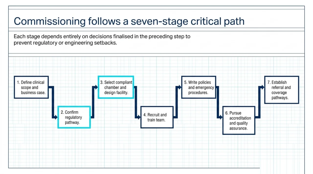 Flowchart of the seven-stage critical path to commission a hyperbaric clinic, from defining clinical scope through to establishing referral and coverage pathways.