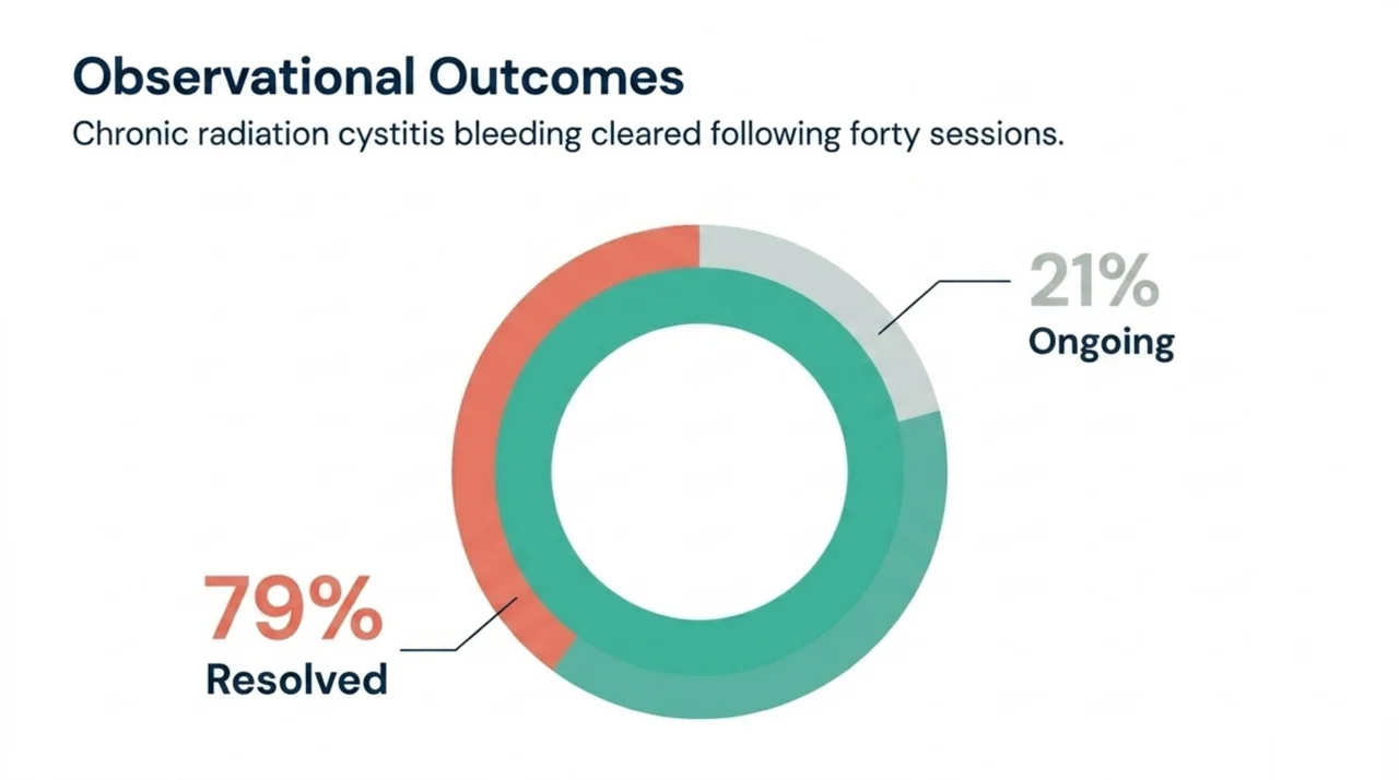 Donut chart showing about 79% of chronic radiation cystitis patients had bleeding resolve by roughly forty hyperbaric oxygen sessions in an observational study, with the remainder ongoing