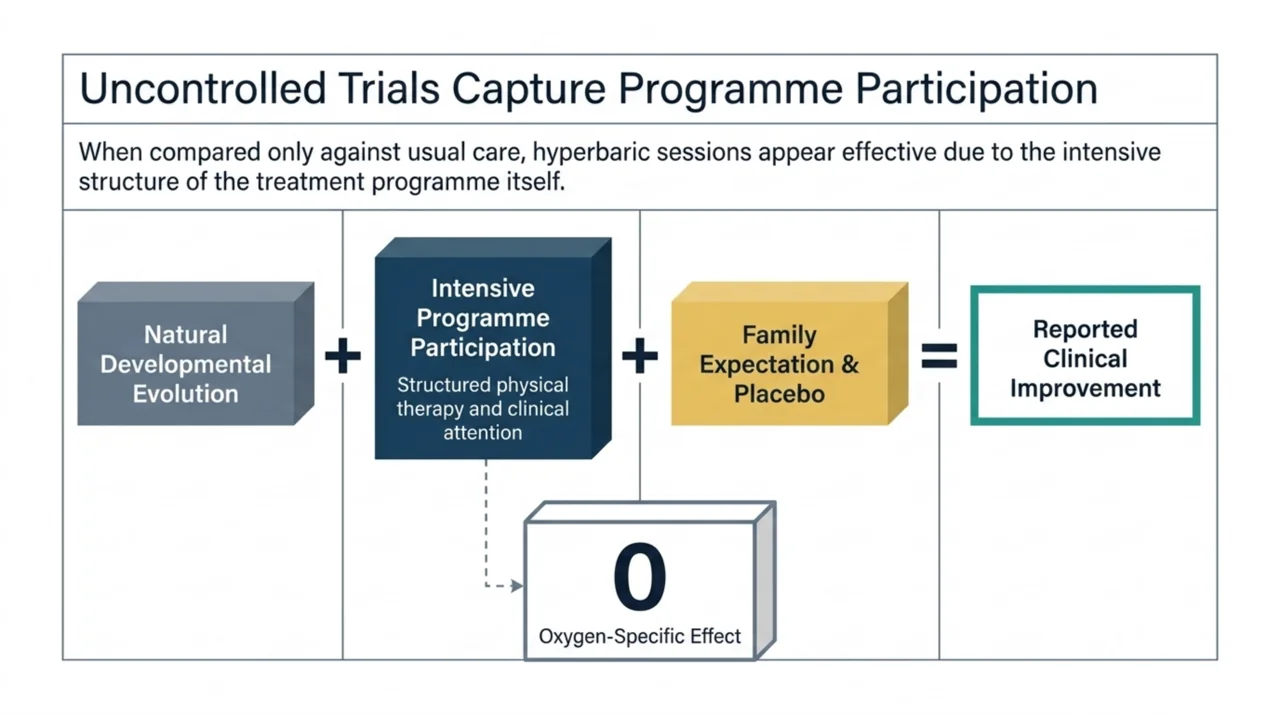 Flow diagram showing uncontrolled trials capture programme participation, expectation, and placebo effects rather than any oxygen-specific effect.