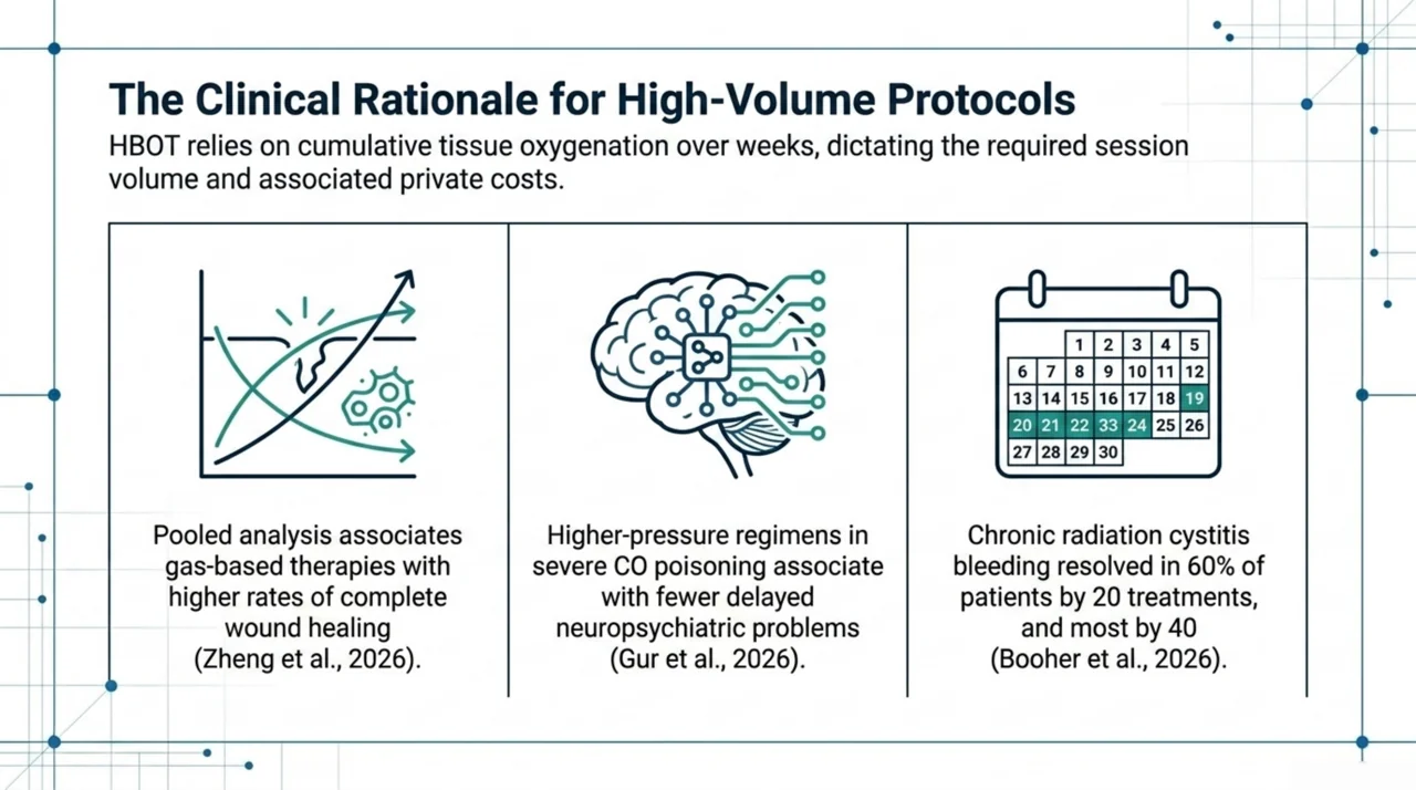 Three research findings on hyperbaric oxygen therapy for wound healing, carbon monoxide poisoning, and radiation cystitis, shown as associations