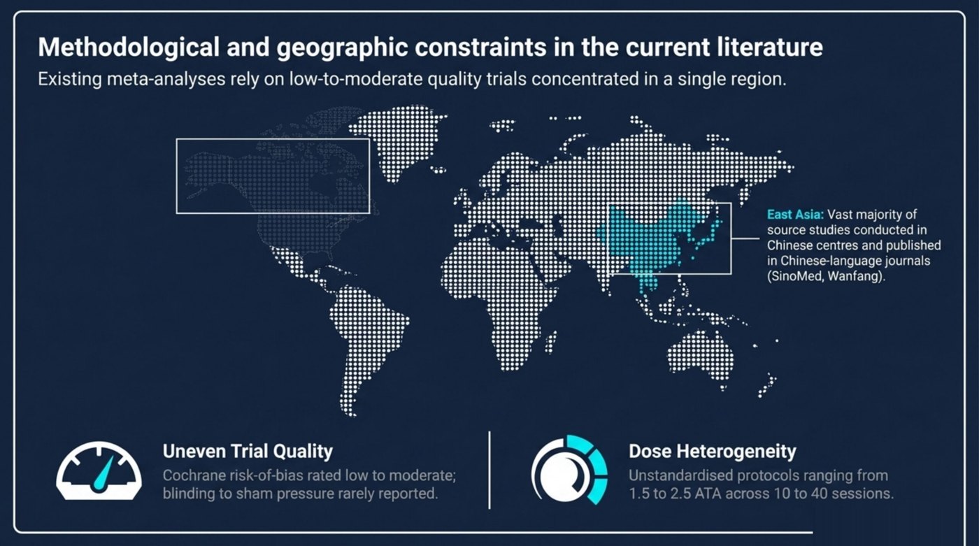 World map showing geographic concentration of HBOT Parkinson's studies in East Asia plus dose heterogeneity and trial quality limitations