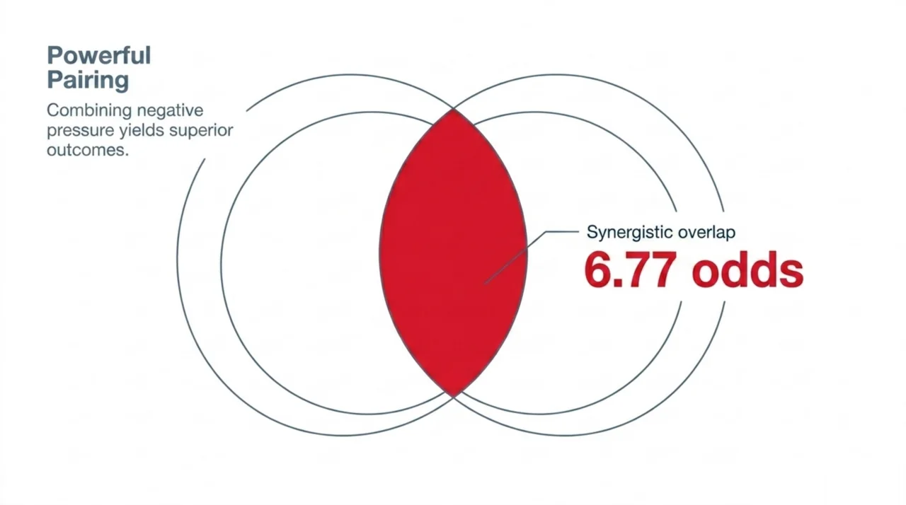 Venn diagram showing HBOT combined with negative pressure wound therapy reaching a wound-healing odds ratio of 6.77 versus NPWT alone