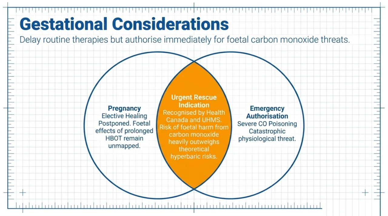 Pregnancy and HBOT: elective treatment is postponed, but severe carbon monoxide poisoning is an urgent indication where the risk to the foetus outweighs theoretical hyperbaric risks