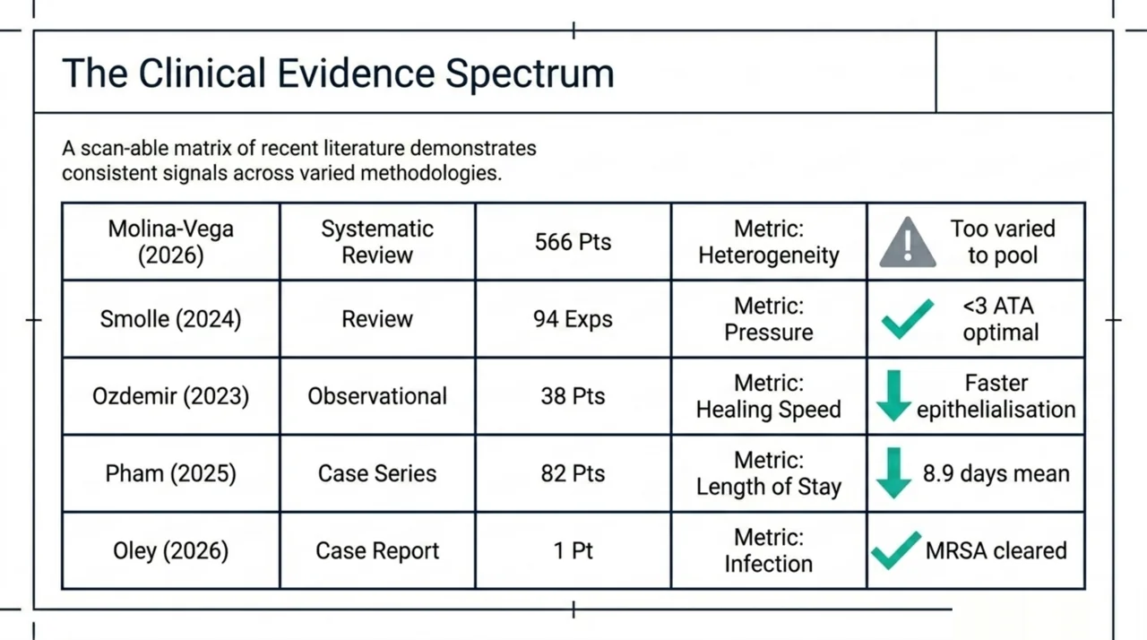 Comparison table of five burn studies from 2023 to 2026 listing study design, patient numbers, and key reported outcomes.