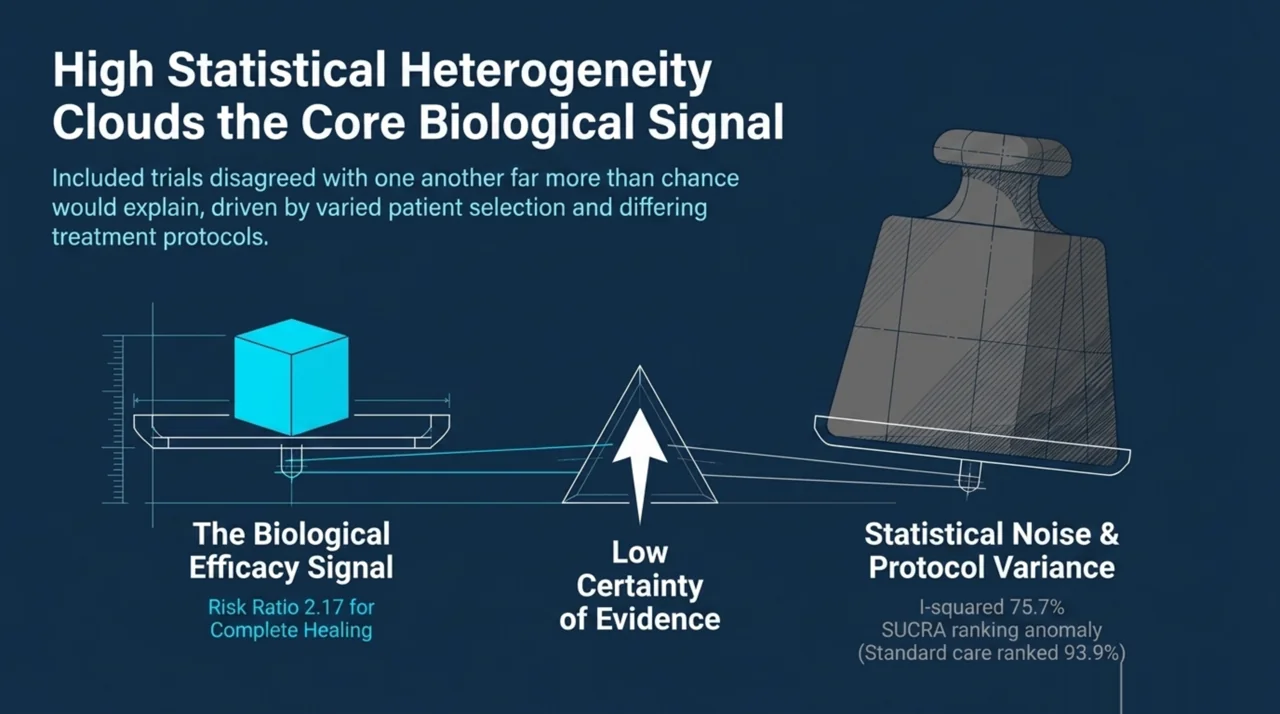Balance-scale diagram showing the biological efficacy signal (risk ratio 2.17) offset by statistical heterogeneity (I-squared 75.7 percent) and an unstable network ranking, yielding low certainty of evidence
