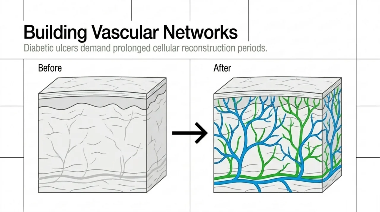 Before and after illustration of new blood vessel growth in tissue, showing why wound healing needs many HBOT sessions.