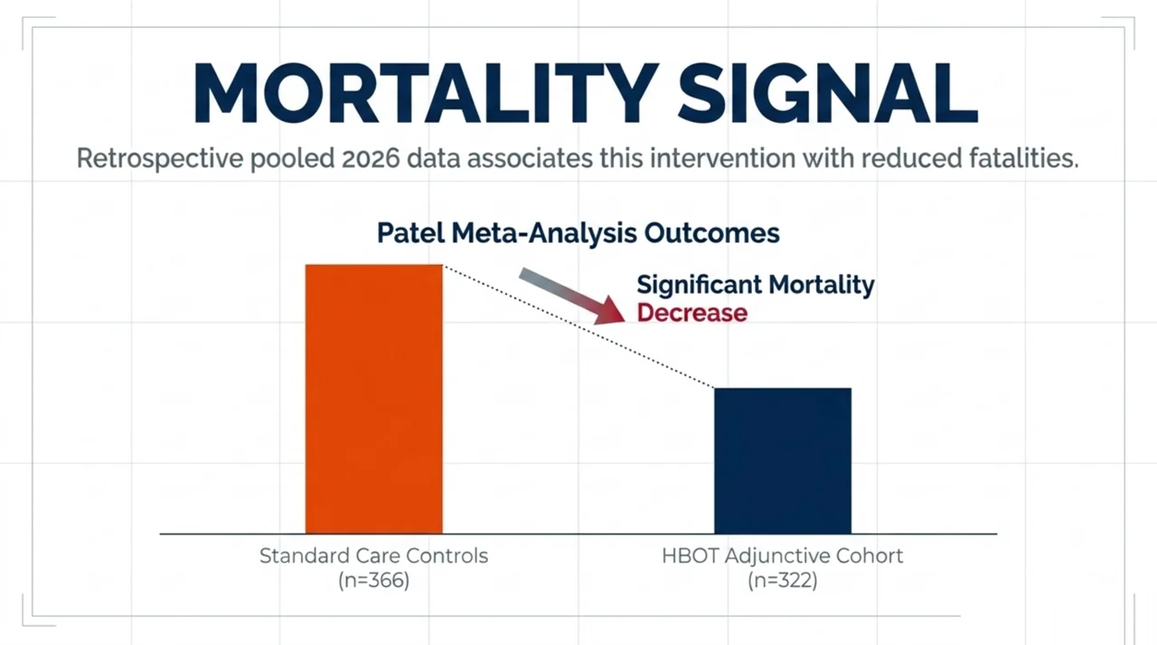 Bar chart of the Patel 2026 meta-analysis associating adjunctive HBOT (n=322) with reduced mortality versus standard-care controls (n=366).